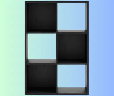 Black six‑cube shelving organizer, empty, showing wood‑grain texture and clean square compartments.